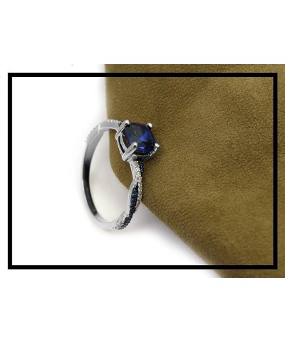 6 MM Cushion Lab Created Gemstone with Round Blue Sapphire & Diamond Ladies Engagement Ring | 18K White Gold Lab Created Blue...