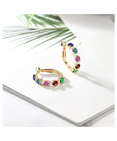 18K Yellow Gold Plated Silver Customized and Personalized 4MM Round Gemstone Birthstone and White Moissanite Hoop Earrings Fo...