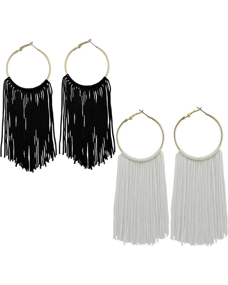 Hoop Statement Tassels Dangle Drop Earrings for Women black+white $11.01 Earrings