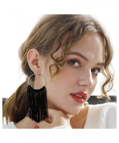 Hoop Statement Tassels Dangle Drop Earrings for Women black+white $11.01 Earrings