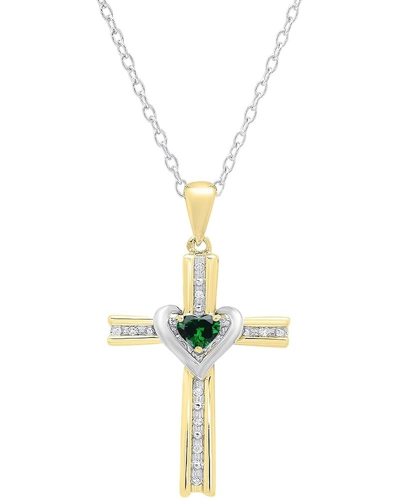 4mm Heart Lab Created Gemstone & Round Natural Diamond Heart Cross Pendant with 18 inch Silver Chain for Her in Yellow Gold P...