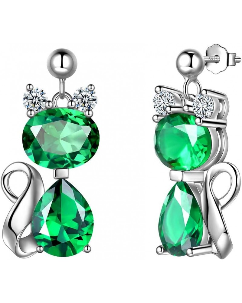 925 Sterling Silver Cat Necklace/Earrings Women Cute Animal Cats Jewelry Sets Crystal Cubic Zirconia Jewellery Green-1 dangle...