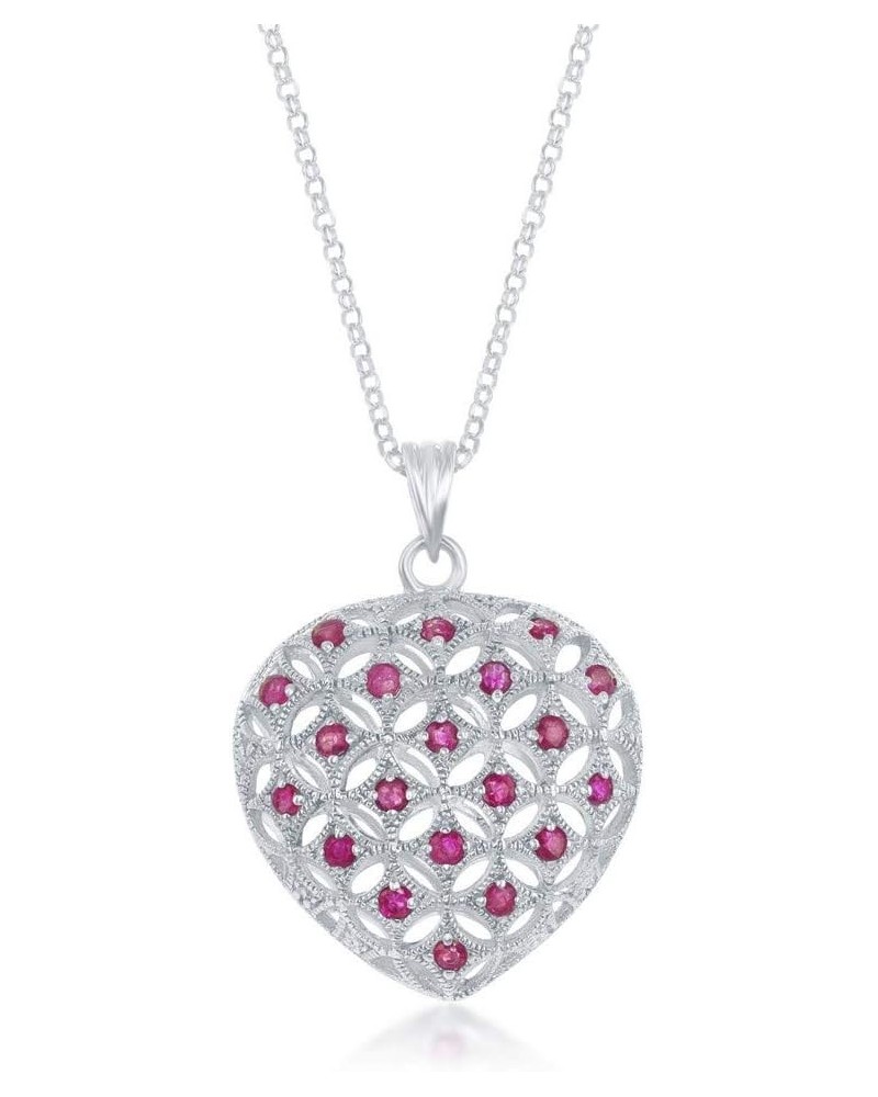 925 Sterling Silver Italian Rhodium Plated 2mm Genuine 1.10cttw Ruby/1.20cttw Sapphire Gemstone 3D Puffed Heart 18" Pendant N...