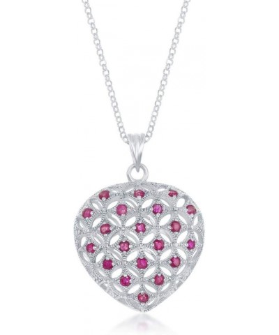 925 Sterling Silver Italian Rhodium Plated 2mm Genuine 1.10cttw Ruby/1.20cttw Sapphire Gemstone 3D Puffed Heart 18" Pendant N...