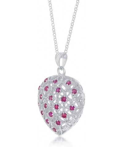 925 Sterling Silver Italian Rhodium Plated 2mm Genuine 1.10cttw Ruby/1.20cttw Sapphire Gemstone 3D Puffed Heart 18" Pendant N...