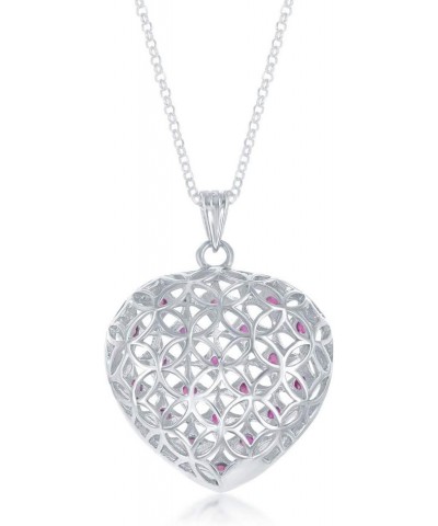 925 Sterling Silver Italian Rhodium Plated 2mm Genuine 1.10cttw Ruby/1.20cttw Sapphire Gemstone 3D Puffed Heart 18" Pendant N...