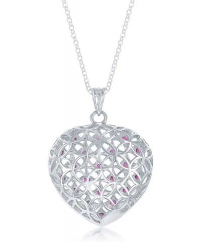 925 Sterling Silver Italian Rhodium Plated 2mm Genuine 1.10cttw Ruby/1.20cttw Sapphire Gemstone 3D Puffed Heart 18" Pendant N...