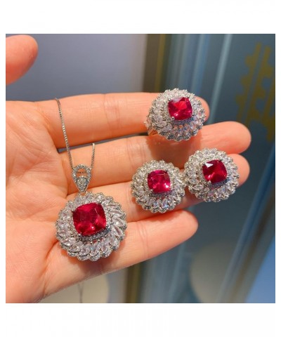 18K Gold Plated 9 * 9mm Imitation Pigeon Red Gem Square Ring Earrings Pendant Necklace Jewelry Set Women's Upscale Luxury Gif...