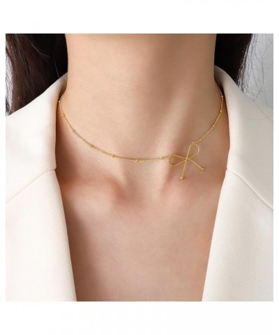 Titanium Stainless Steel Bow Necklace Bowknot Chain Necklace 18k Gold Plated Bow Choker Necklace Bowknot Clavicle Chain for W...