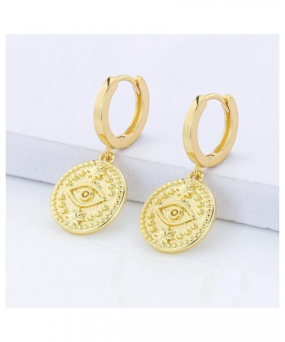 Dainty Dangle Hoop Earrings for Women -14K Gold Plated Gold Huggie Small Hoop Earrings with Charm Coin/Evil Eye 02-Evil Eye $...