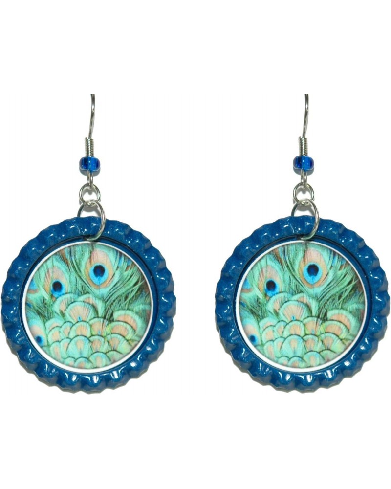 Blue Peacock Feathers Flattened Bottle Cap Dangle Earrings (CAP064a) $10.00 Earrings