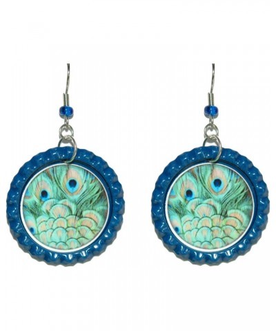 Blue Peacock Feathers Flattened Bottle Cap Dangle Earrings (CAP064a) $10.00 Earrings