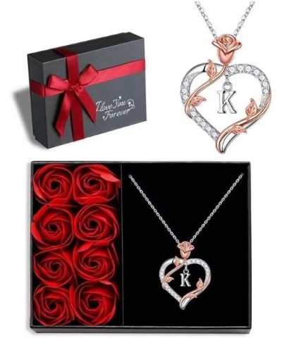 Rose Heart Initial Pendant Necklace Gifts for Women Girls, Letter Brass and Stainless Steel Necklace Rose Gift Box K $17.35 N...