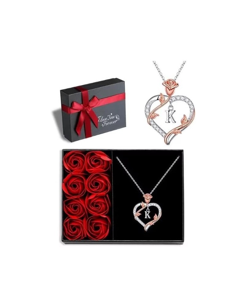 Rose Heart Initial Pendant Necklace Gifts for Women Girls, Letter Brass and Stainless Steel Necklace Rose Gift Box K $17.35 N...