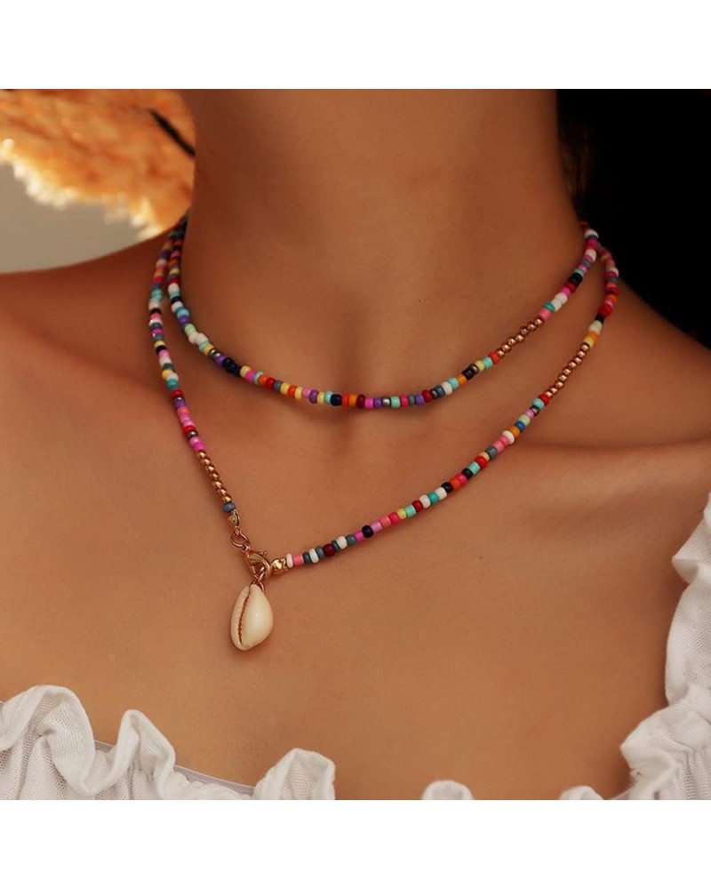 Bohemian Multi-Colored Beaded Choker Necklace Y2K Seed Beaded Stackable Necklace with Shell Pendant Boho Summer Beach Necklac...