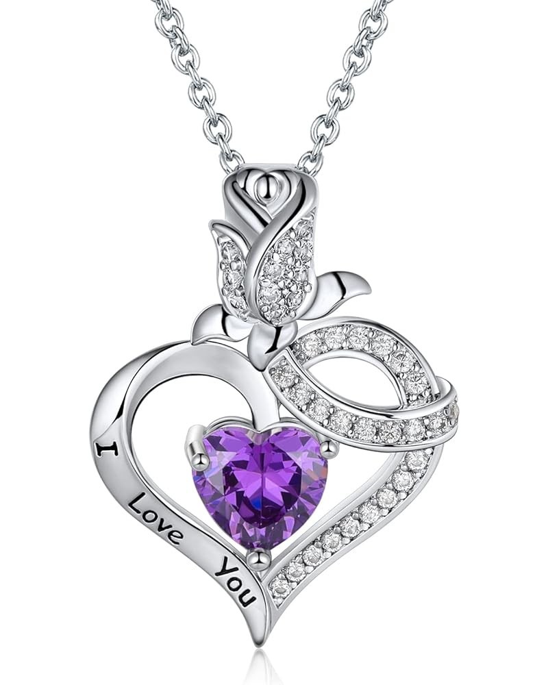 18K White Gold Plated Crystal Heart and Rose Flower Pendant Necklaces for Women with Letter I Love You purple $8.39 Necklaces