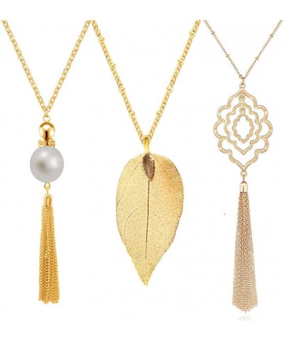 3PCS Long Pendant Necklaces for Women Knot Disk Circle Tassel Statement Sweater Necklace Set Gold-3P $14.50 Necklaces