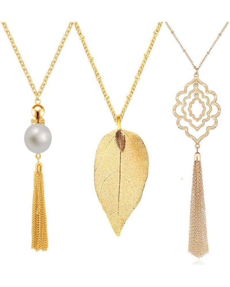 3PCS Long Pendant Necklaces for Women Knot Disk Circle Tassel Statement Sweater Necklace Set Gold-3P $14.50 Necklaces