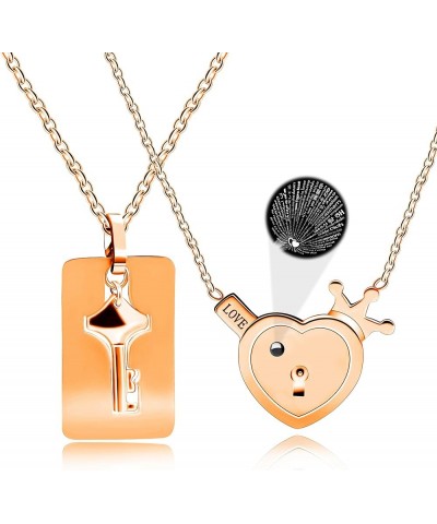 Stainless Love Heart Crown Lock and Key Pendant Necklace Set, 100 Languages I Love You Couples Projection Jewelry Rose Gold i...