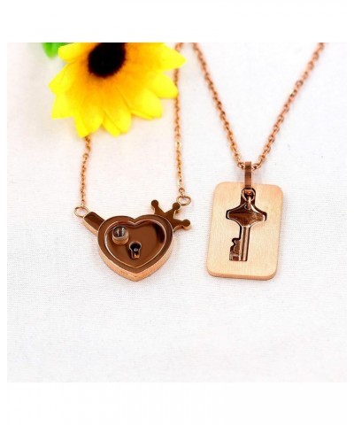 Stainless Love Heart Crown Lock and Key Pendant Necklace Set, 100 Languages I Love You Couples Projection Jewelry Rose Gold i...