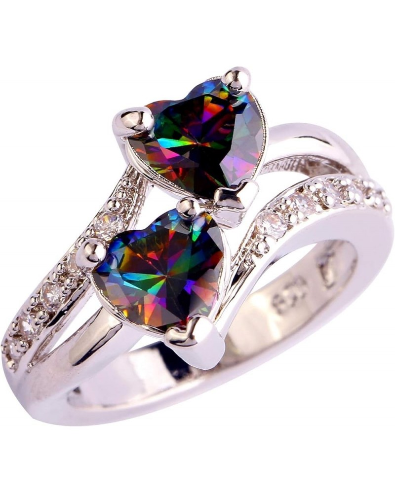 Vintage 925 Sterling Silver Plated Halo CZ Double Heart Created Blue&White Topaz Love Wedding Promise Ring Rainbow US13 $3.84...