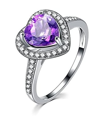 Women's 925 Sterling Silver Plated Heart Shape Created Amethyst and White Topaz Halo Ring A Purple $4.05 Rings