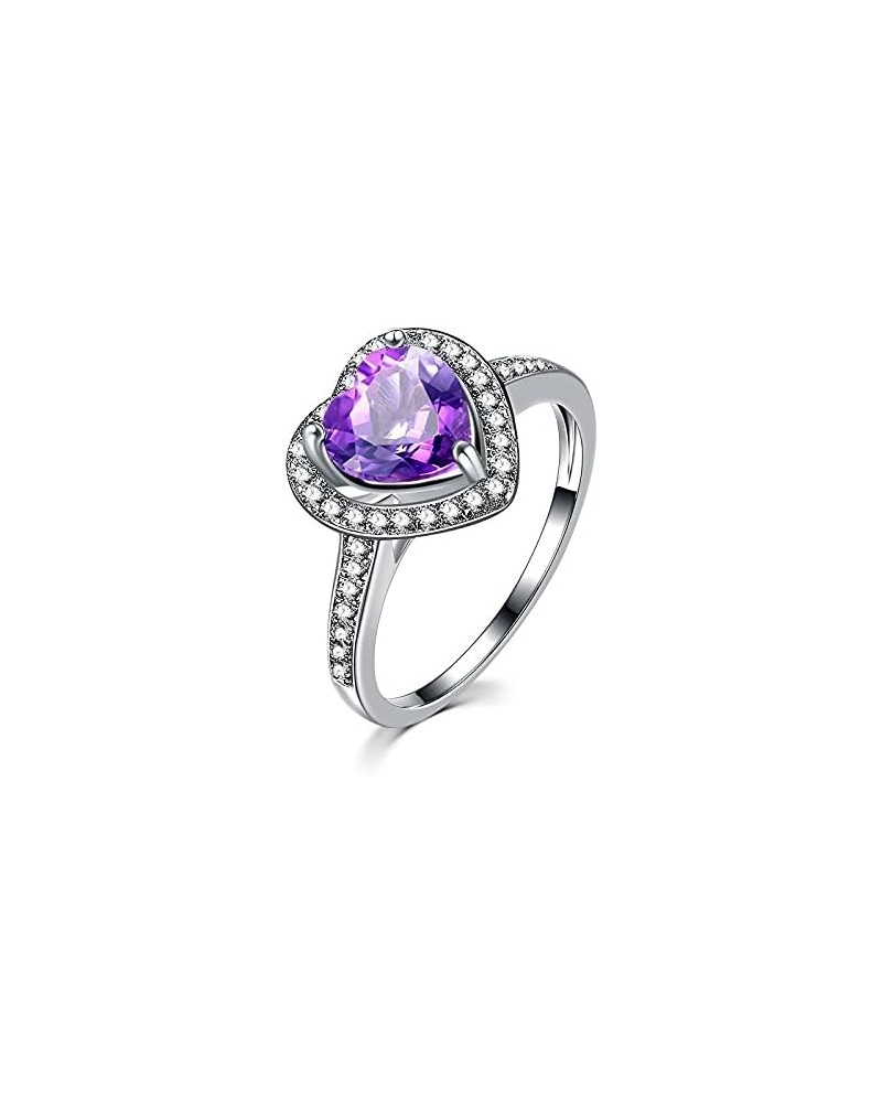 Women's 925 Sterling Silver Plated Heart Shape Created Amethyst and White Topaz Halo Ring A Purple $4.05 Rings