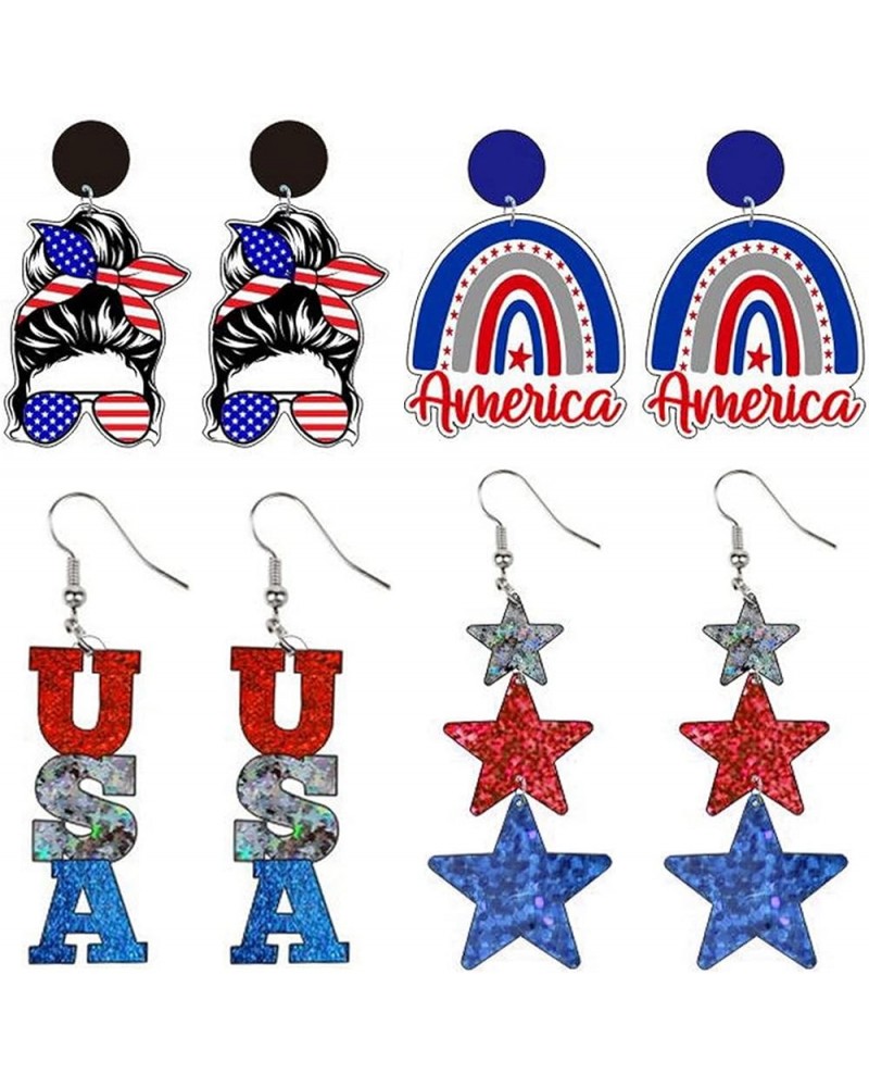 4th of July Earrings for Women 4 Pairs American Flag Acrylic Earrings Rainbow Earrings Stars Stripes Teardrop Dangle Earrings...