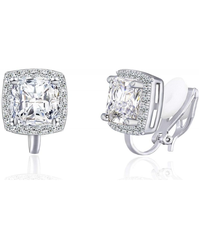 7MM Clip On Stud Earrings Square Cubic Zirconia Crystal Not Pierced Studs Earrings For Women Girls White $7.80 Earrings