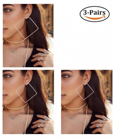 Square Hoop Earrings 3 Pairs Geometric Hoop Earrings Dangle Earring Set For Women Girls Rose Gold $8.67 Earrings