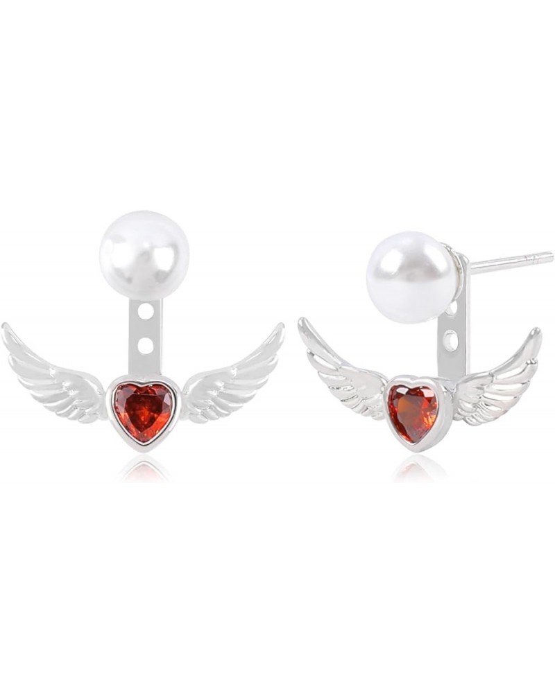 Stud Earrings for Women Girls, Sterling Silver Blue Diamond Stud Earrings, Angel Wings Pearl Stud Earrings with Red Cubic Zir...