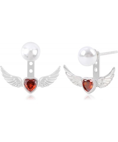 Stud Earrings for Women Girls, Sterling Silver Blue Diamond Stud Earrings, Angel Wings Pearl Stud Earrings with Red Cubic Zir...