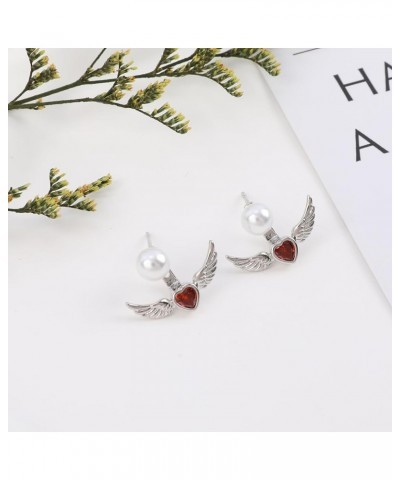 Stud Earrings for Women Girls, Sterling Silver Blue Diamond Stud Earrings, Angel Wings Pearl Stud Earrings with Red Cubic Zir...