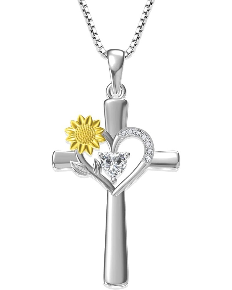 Sunflower Cross Necklace with Heart Birthstone 925 Sterling Silver Sunflower Love Heart Pendant Necklace for Women Faith Jewe...