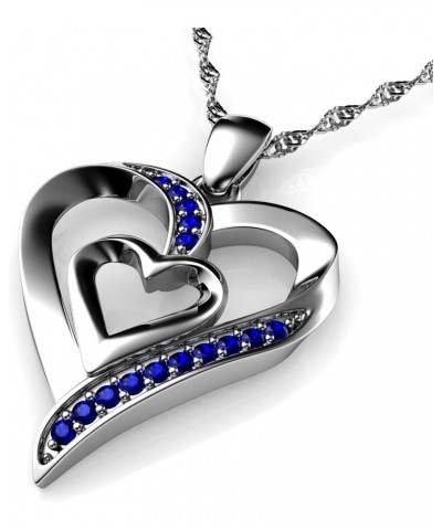 Heart Necklace - 925 Sterling Silver - Double Love Heart Pendant - Blue CZ Crystals - Fine Jewellery Woman Necklace - 18" Rho...