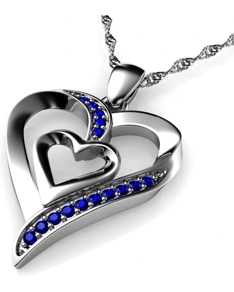 Heart Necklace - 925 Sterling Silver - Double Love Heart Pendant - Blue CZ Crystals - Fine Jewellery Woman Necklace - 18" Rho...