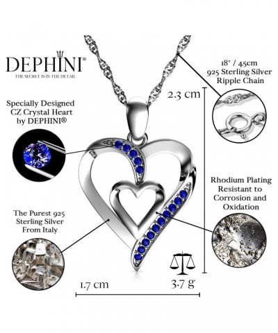 Heart Necklace - 925 Sterling Silver - Double Love Heart Pendant - Blue CZ Crystals - Fine Jewellery Woman Necklace - 18" Rho...