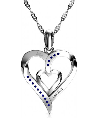 Heart Necklace - 925 Sterling Silver - Double Love Heart Pendant - Blue CZ Crystals - Fine Jewellery Woman Necklace - 18" Rho...