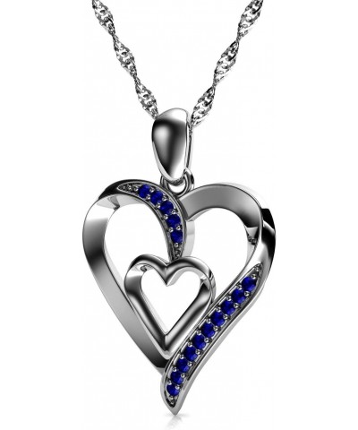 Heart Necklace - 925 Sterling Silver - Double Love Heart Pendant - Blue CZ Crystals - Fine Jewellery Woman Necklace - 18" Rho...