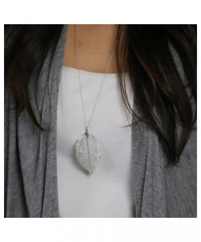 Boho Leaf Pendant Necklaces Dangle Real Leaves Necklace Silver Sweater Long Necklaces Chain for Women and Girls (Silver) Silv...