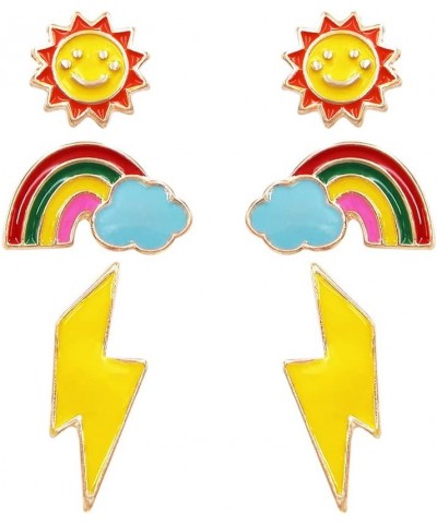 Women's Whimsical Set of 3 Enamel Coated Coversational Hypoallergenic Post Back Stud Earrings Sunshines, Rainbows, Lightning ...