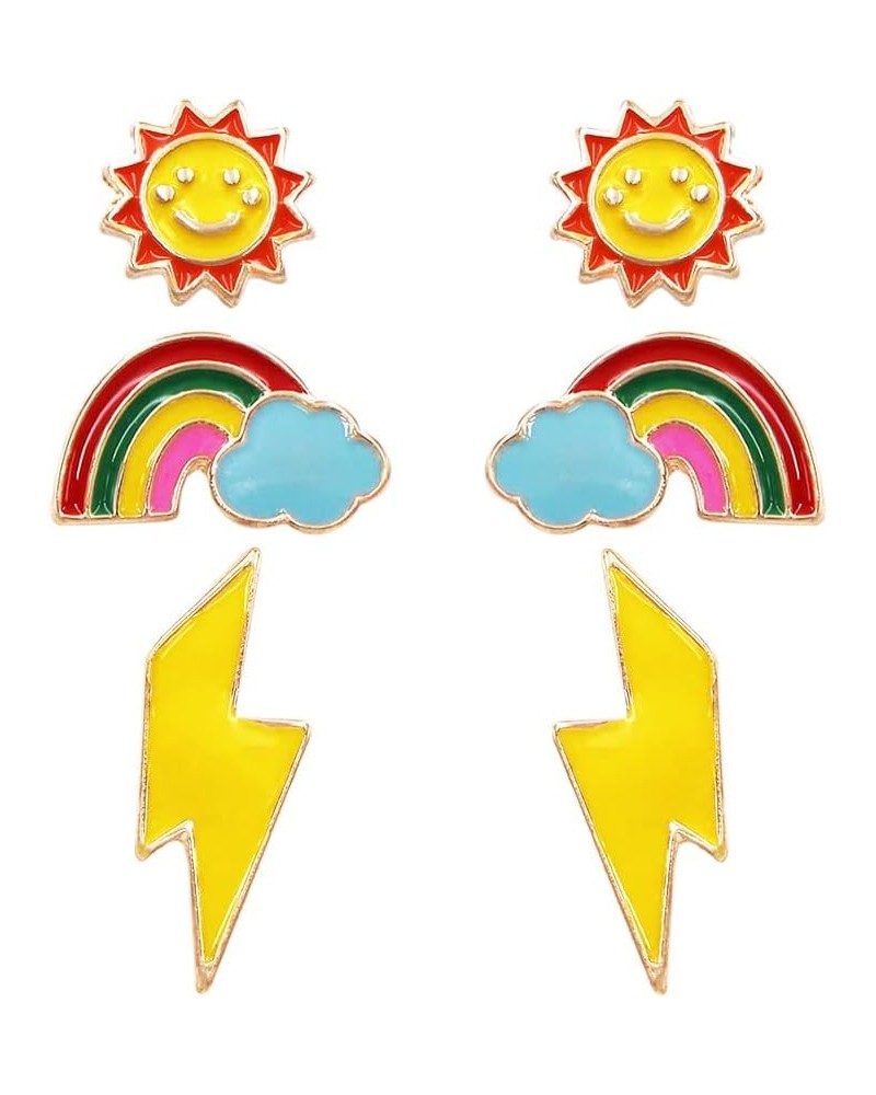 Women's Whimsical Set of 3 Enamel Coated Coversational Hypoallergenic Post Back Stud Earrings Sunshines, Rainbows, Lightning ...