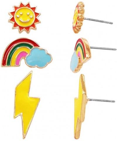 Women's Whimsical Set of 3 Enamel Coated Coversational Hypoallergenic Post Back Stud Earrings Sunshines, Rainbows, Lightning ...