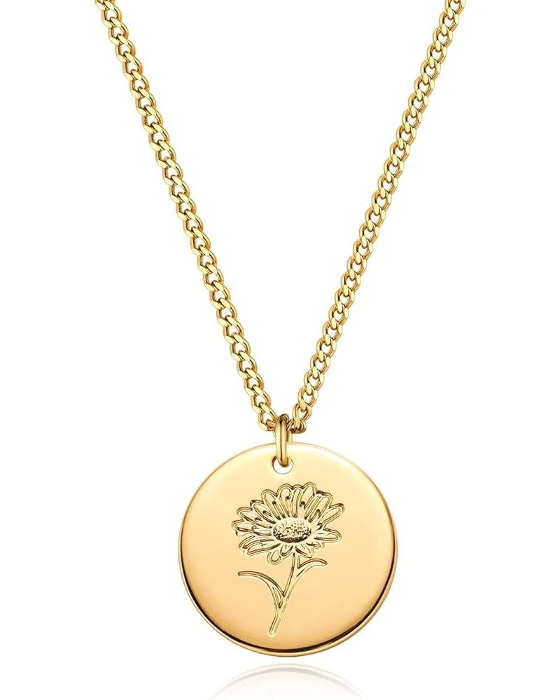 Birth Flower Necklace 18k Gold Custom Floral Pendant Necklaces Dainty Birth Month Flower Disc Hand Stamped Necklace Personali...