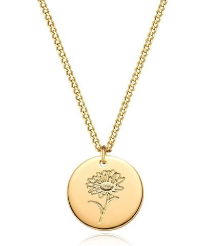 Birth Flower Necklace 18k Gold Custom Floral Pendant Necklaces Dainty Birth Month Flower Disc Hand Stamped Necklace Personali...