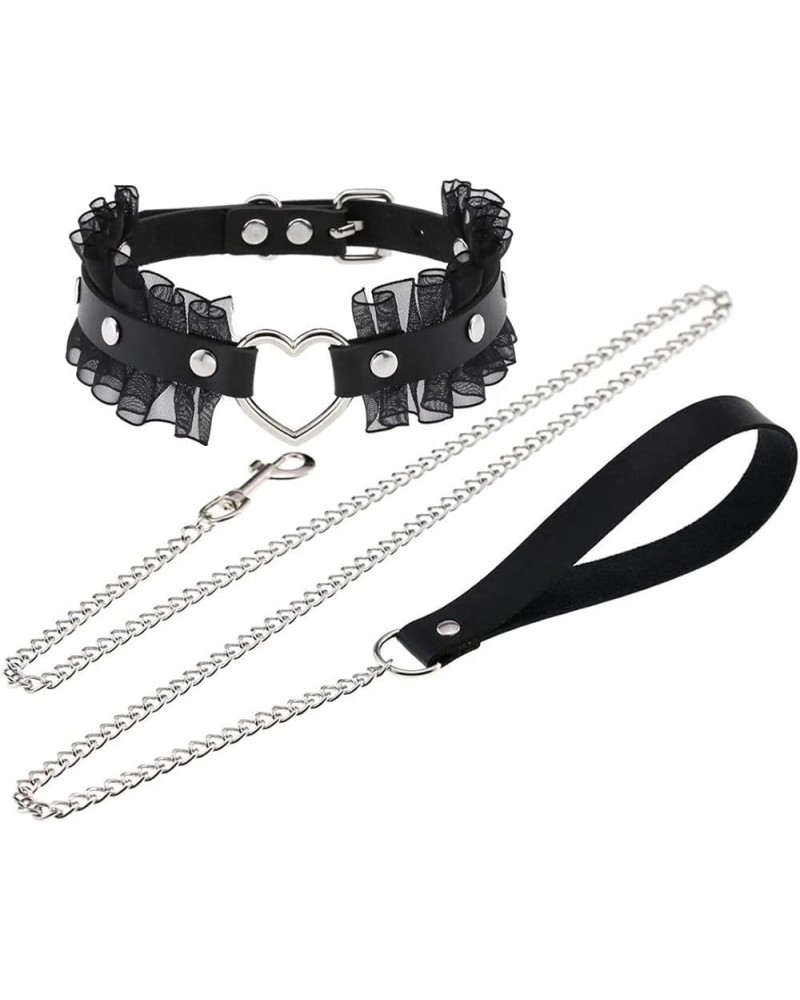 Punk Harajuku Lace Collar Hauling Chain PU Leather Choker Metal Ring Gothic Necklace Neck Accessories Adjustable Buckle 22-Bl...