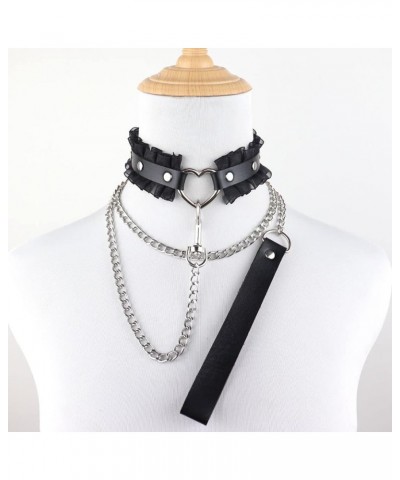 Punk Harajuku Lace Collar Hauling Chain PU Leather Choker Metal Ring Gothic Necklace Neck Accessories Adjustable Buckle 22-Bl...