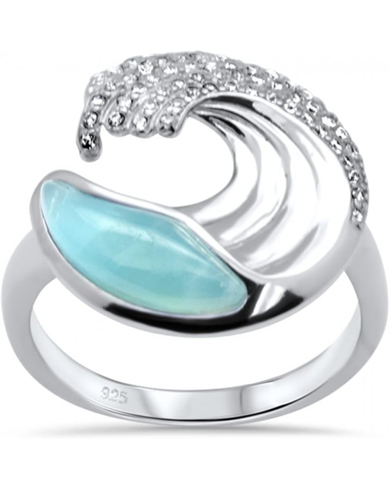 Natural Larimar & Cubic Zirconia Wave Design .925 Sterling Silver Ring $21.53 Rings