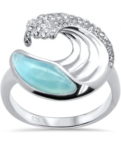 Natural Larimar & Cubic Zirconia Wave Design .925 Sterling Silver Ring $21.53 Rings