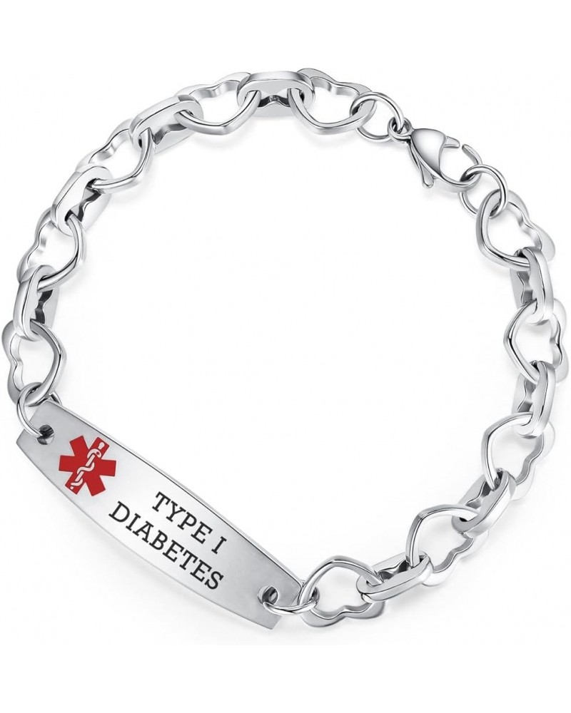 7.5 IN Fashion Medical Alert Bracelets for Women Stainless Steel Heart Link Medical bracelets with Free custom engraving Silv...